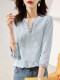 100% pure cotton high-end seven-quarter sleeve striped shirt for women in spring and autumn new versatile ethnic style age-reducing design V-neck