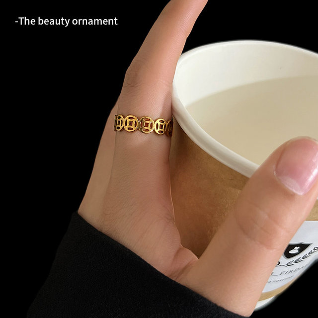 Chinese style Bafang Laicai Copper Coin Ring for Girls Light Extraordinary High-end Feeling for Girlfriends Couple Girlfriends Niche Design Ring
