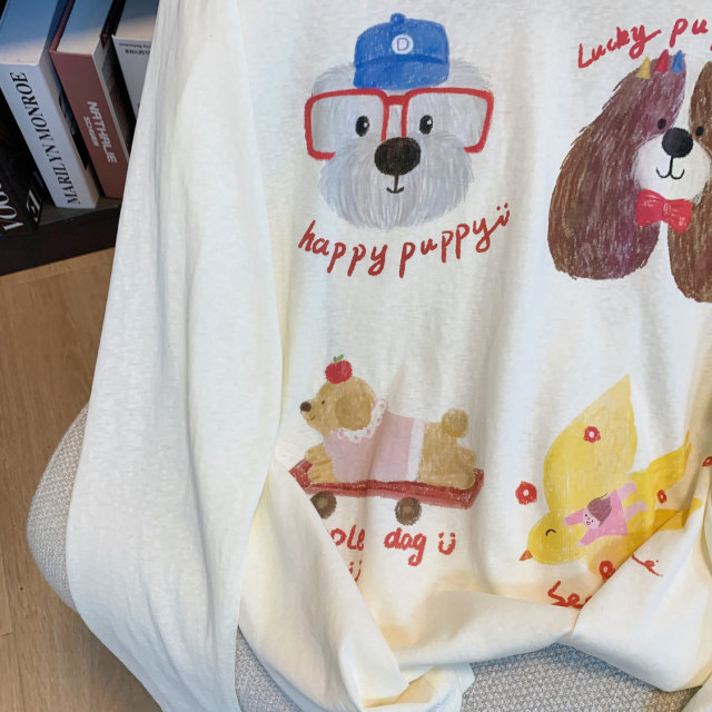 Cartoon printed long-sleeved T-shirt for women in summer lazy holiday sunscreen blouse loose large size 300 Jin [Jin equals 0.5 kg] fat mm top