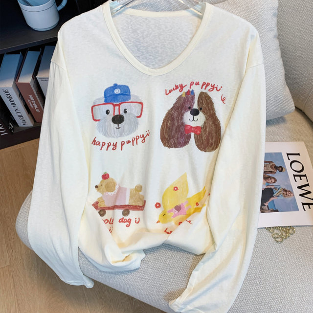 Cartoon printed long-sleeved T-shirt for women in summer lazy holiday sunscreen blouse loose large size 300 Jin [Jin equals 0.5 kg] fat mm top