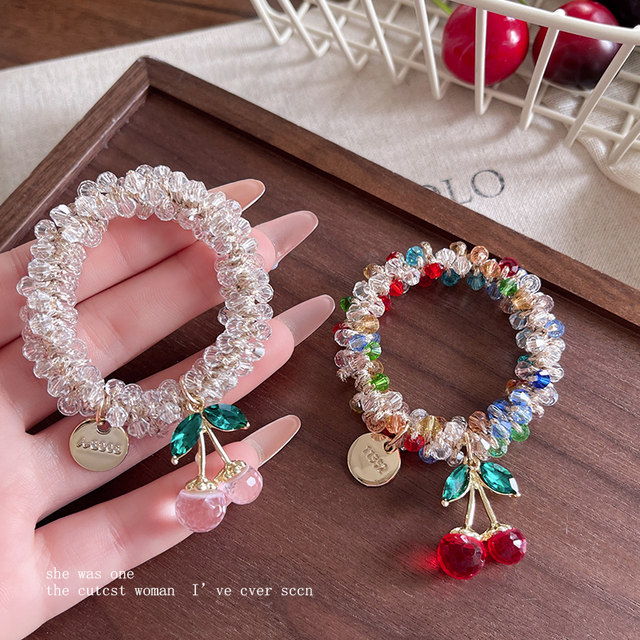 
Colorful crystal cherry hair ring for women high elastic ponytail hair rope durable head rope bracelet dual-purpose rubber band best friend hair accessories