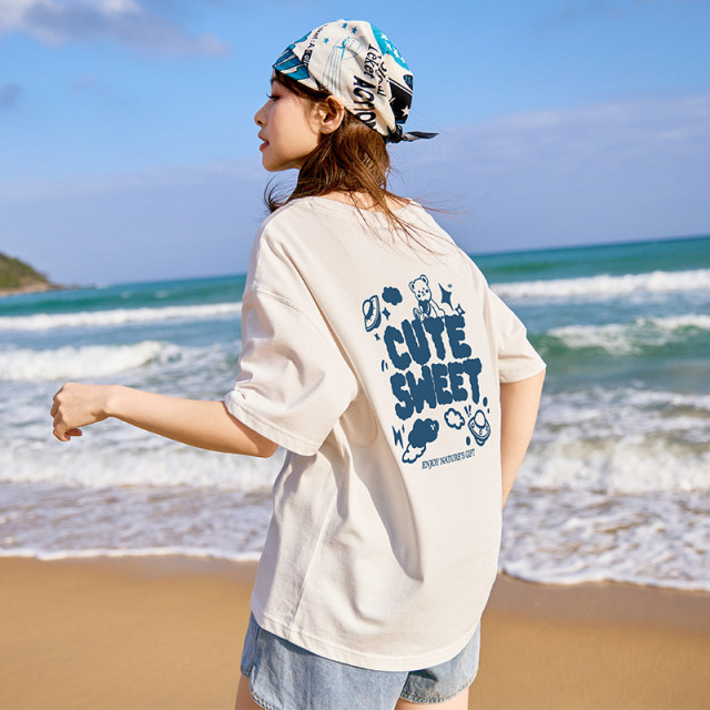Tang Shi short-sleeved T-shirt female couple new summer back cartoon illustration early spring inner loose top base shirt