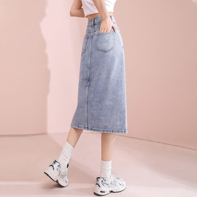 Tang Shi slit versatile hip-packing A-line skirt jk retro spring and autumn denim skirt women's high waist slim mid-length style