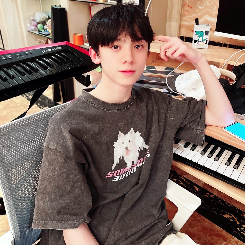 tf家族左航同款衣服小狗印花纯棉男女装宽松水洗黑短袖t恤上衣