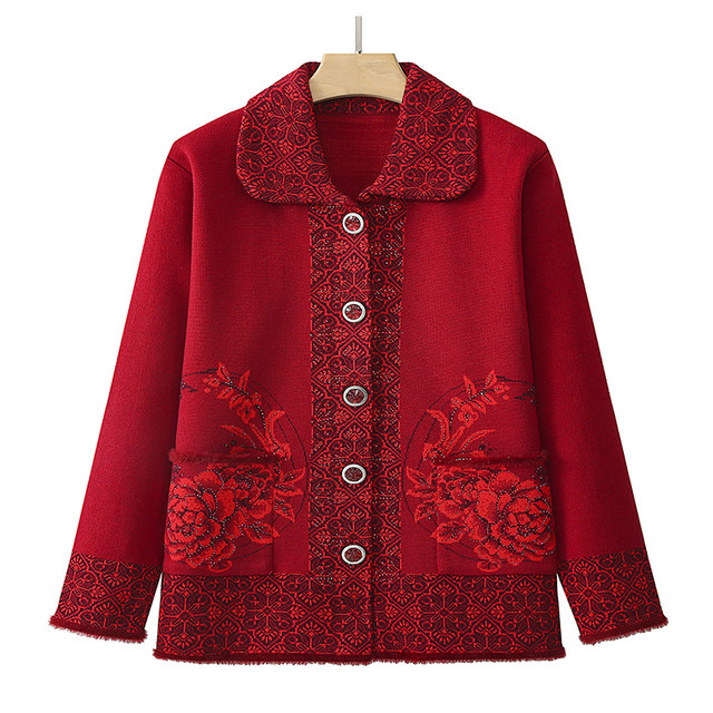 Grandma's high-end large size thickened coat, elderly sweater, middle-aged and elderly mother's autumn and winter festive embroidered wool cardigan