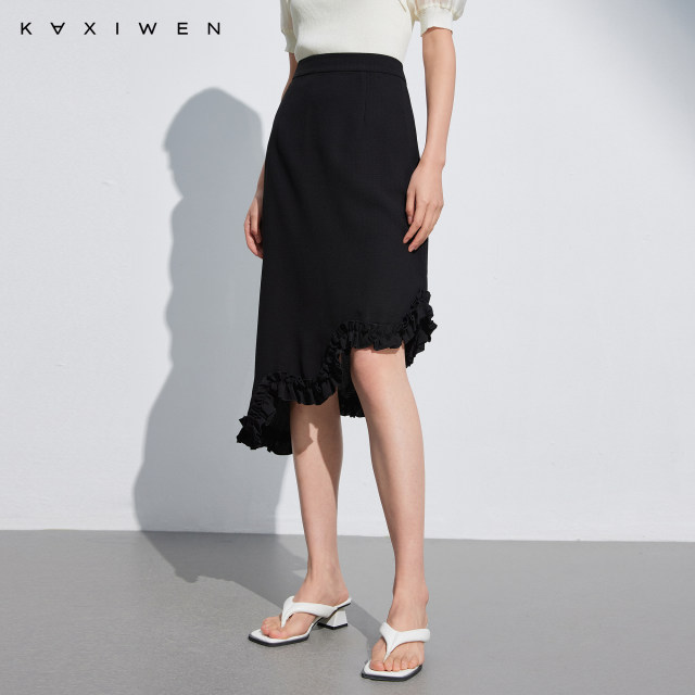 Nicky Wen's temperament commuting versatile skirt trendy summer new irregular wavy black midi skirt for women