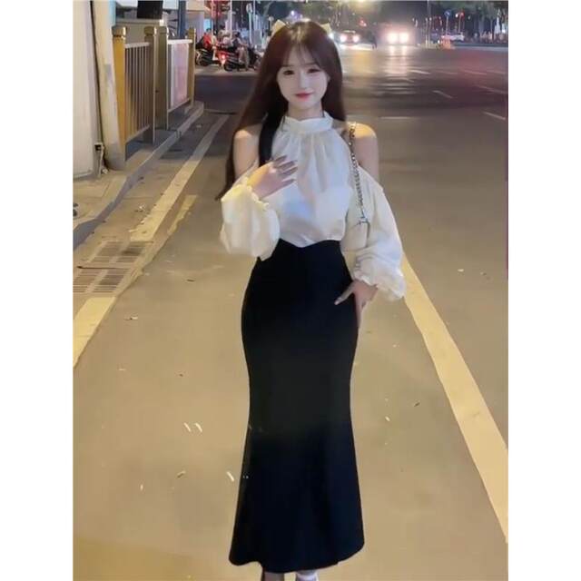 Fishtail bag shirt, flared sleeves, neck, women's high autumn hips, same style skirt, thin flared internet celebrity waist, sleeves, hanging new style