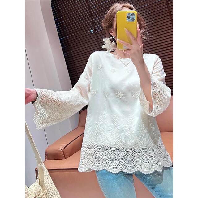 2025 spring new mid-length embroidered high-end shirt for women European round neck loose flared sleeve top