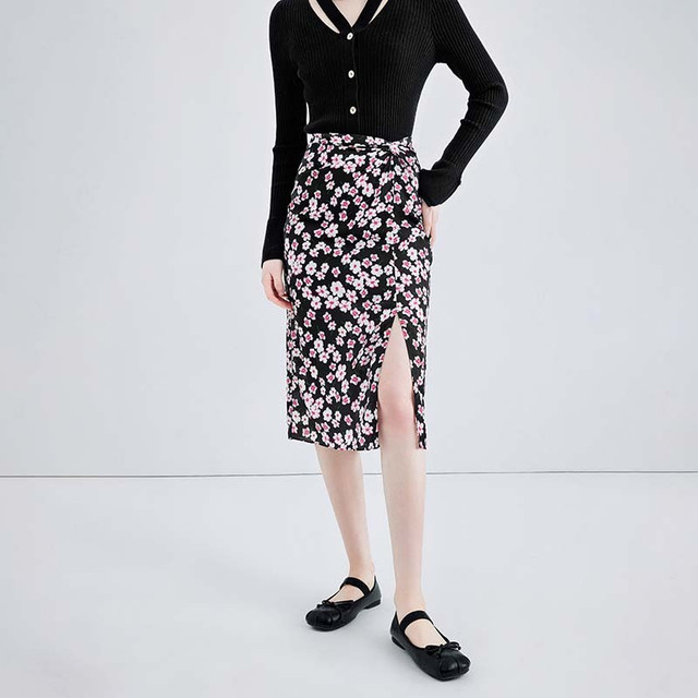 Qiushui Yiren Exole floral chiffon straight skirt autumn girl elegant versatile slit midi skirt