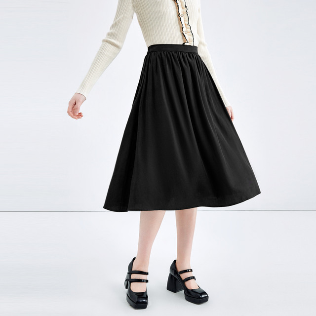 Qiushui Yiren retro style high waist A-line skirt 2025 spring and autumn new style women's commuting versatile black midi skirt
