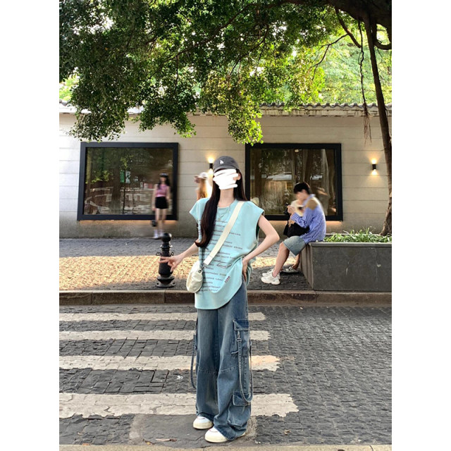 American retro projectile letter alphabet sleeveless sports vest T -shirt women summer shoulder loose design sense niche top
