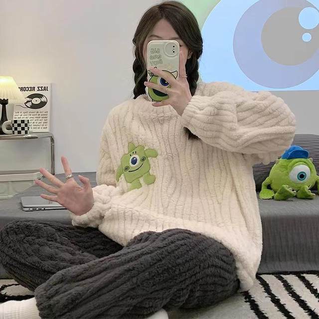 
Pajamas for women plus velvet and thickened coral velvet autumn and winter flannel cute big-eyed boy internet celebrity popular home wear set