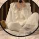 
Pajamas for women ins autumn and winter princess style V-neck sweet lace thickened plus velvet coral velvet loose home clothes