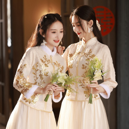 Chinese bridesmaid dress 2023 autumn winter new show grass dress long sleeves cheongsam sister group bridesmaid dress small man