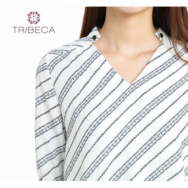 TRIBECA Tribeca Shopping Mall same style for women's fashionable striped V-neck horn trunk quarter-sleeved shirt