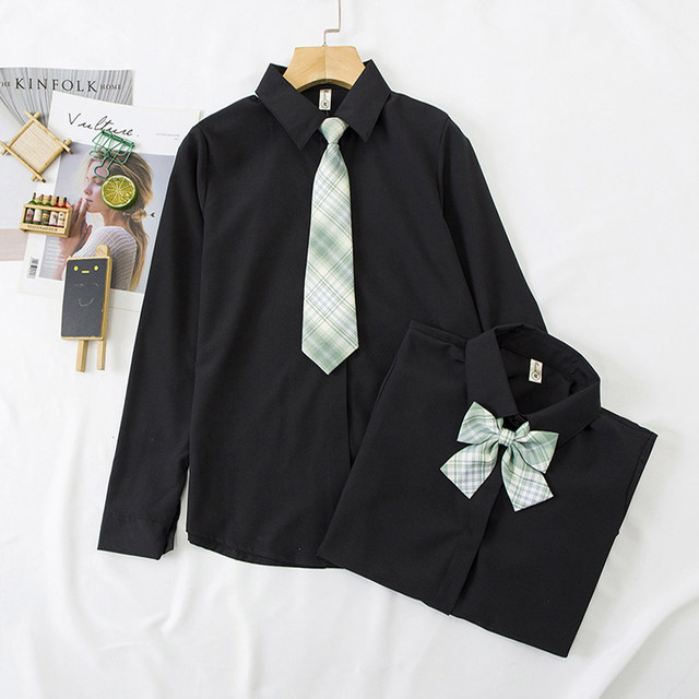 Black long -sleeved shirt female 200JIN [Jin is equal to 0.5 kg] Extra -size fat MM loose JK personalized college wind bow shirt student