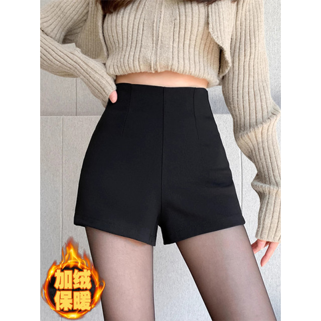 Black plus-fleece hot girl shorts for women in autumn and winter large size fat mm tight high waist slimming hip A-line boot pants leggings