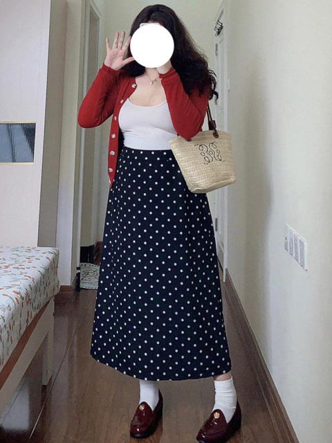 Retro black polka dot skirt for women in summer large size pear shape, slim high waist slit A-line suit long skirt