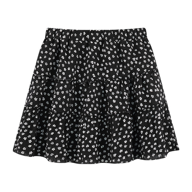 
Black floral puffy short skirt for women with thin summer large size slightly fat small person covering flesh to make them look thin and tall waisted A-line cake skirt