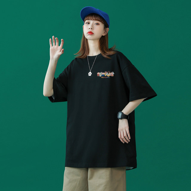 Tide brand summer new cartoon pattern pure cotton round neck white short -sleeved T -shirt women loose and versatile thin top
