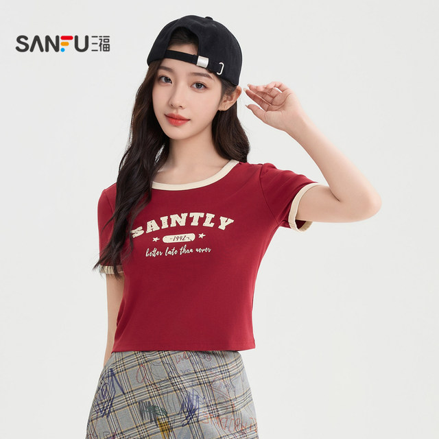 Sanfu short T-shirt 2025 summer American pattern printed contrasting short round neck top women's clothing 495811
