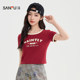 Sanfu short T-shirt 2025 summer American pattern printed contrasting short round neck top women's clothing 495811

