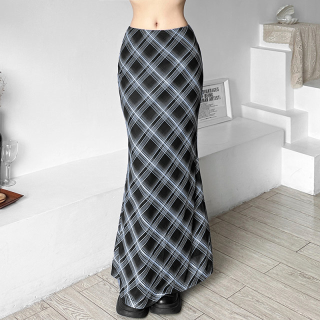 WEIRD PUSS American College Retro Plaid Print Versatile High Waist Skirt Women's Slim Mesh Long Skirt