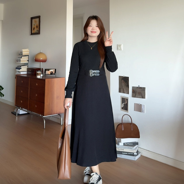 Slightly fat meow plus size women's fat mm autumn and winter slim little black skirt bottoming dress with coat 3081