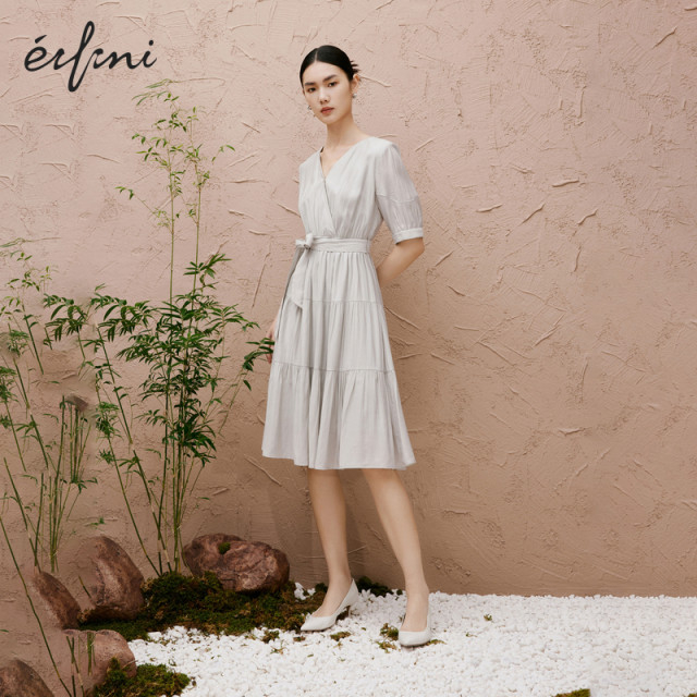 
Evely outlets store high waist slim lady lace-up pleated V-neck dress midi skirt spring and summer women's skirt