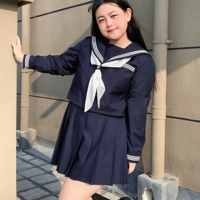 Acarian big size JK fat MM orthodox 绀 three basic sailor uniforms college short skirt short long -sleeved suit women