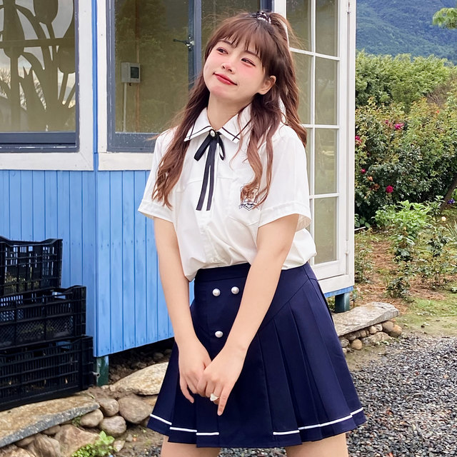 Achejia's large size jk original Incheon art high white long and short sleeve shirt, blue color skirt, Korean college style suit