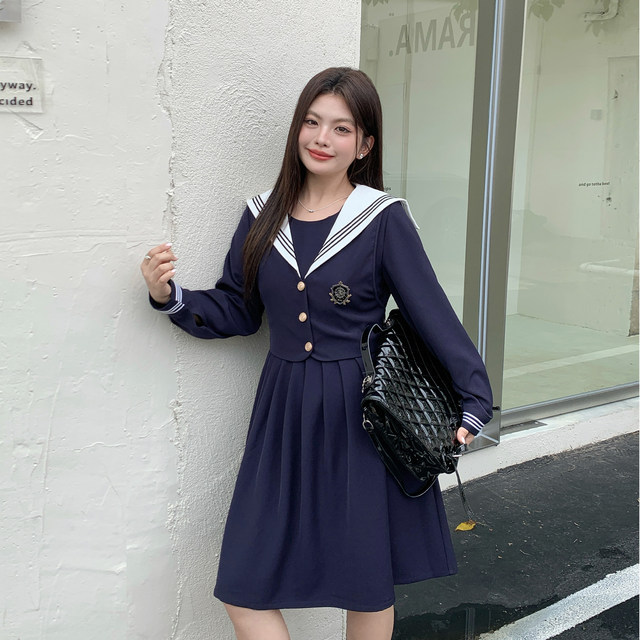 Ache's big size jk fat mm original versatile slim two-piece college style navy neck short-sleeved dress for women
