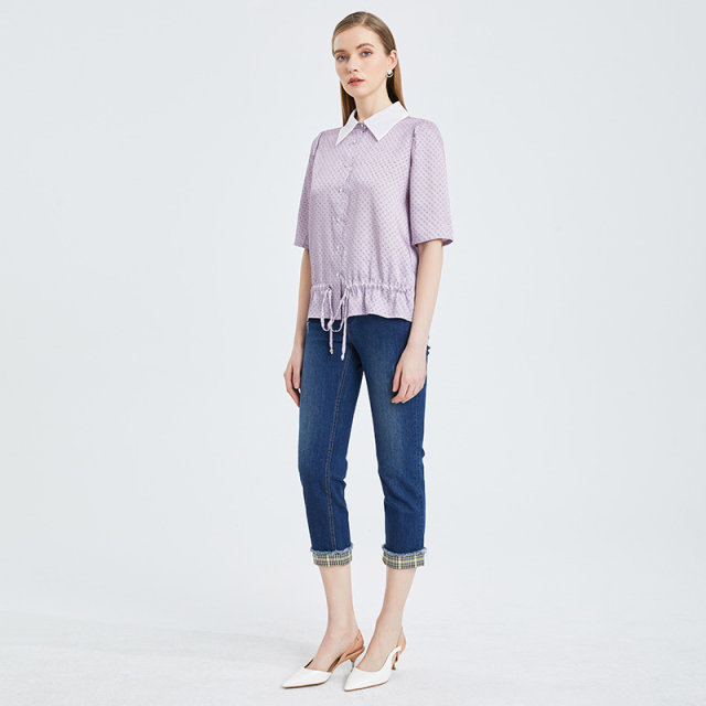 The same style of Matiannu women's clothing in the mall, the new purple printed shirt, white mid-sleeved short top shirt