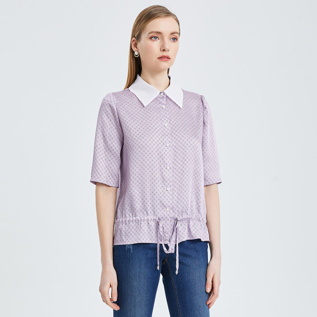 The same style of Matiannu women's clothing in the mall, the new purple printed shirt, white mid-sleeved short top shirt