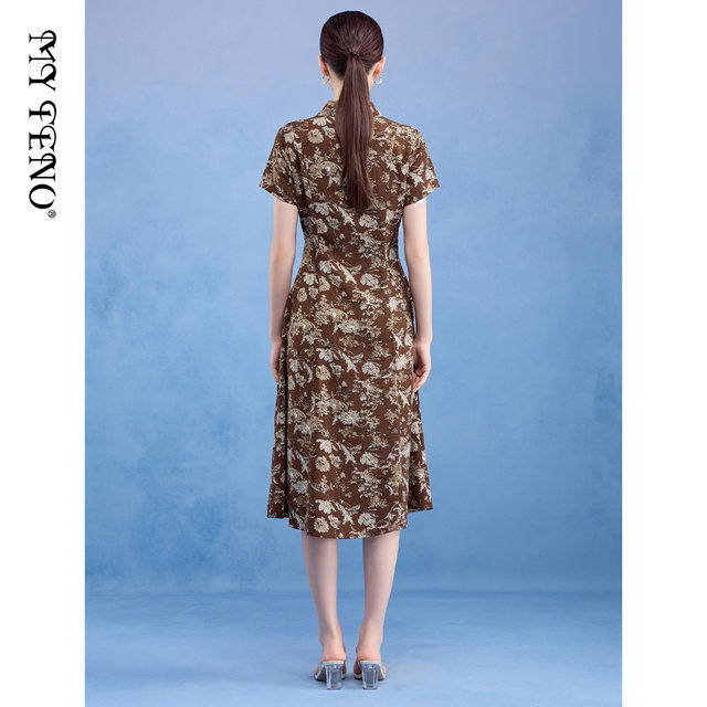 Ma Tiannu women's clothing summer new style brown lapel printed dress short-sleeved waist long skirt temperament skirt fashionable skirt
