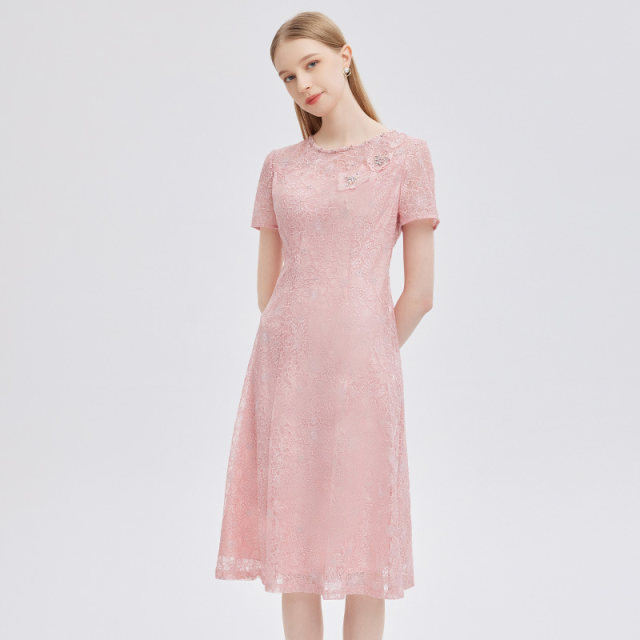 The same style of Matiannu women's clothing in the mall, spring and summer new pink lace bead round neck dress, short-sleeved waist skirt