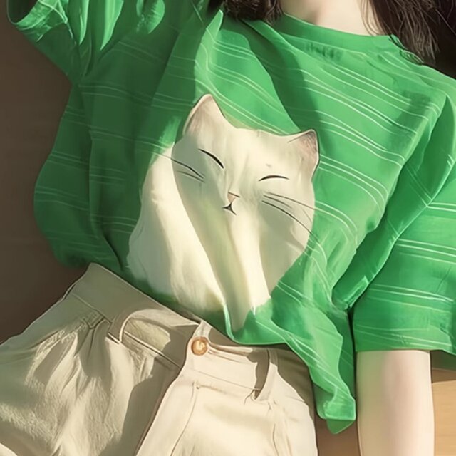 Green striped short-sleeved T-shirt for women 2025 new hot summer loose dopamine fashionable age-reducing top
