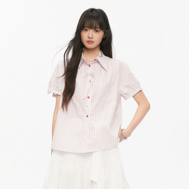 Pink ers co-branded summer age-reducing red striped bow short-sleeved design puff sleeve shirt for women

