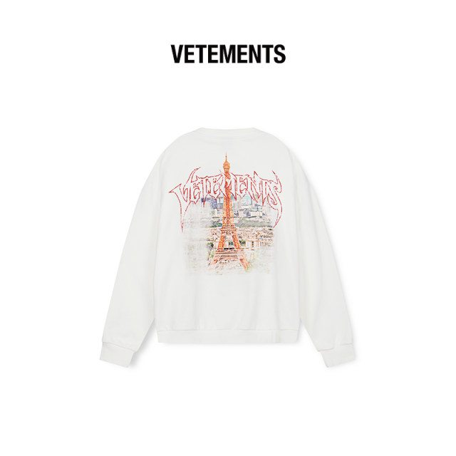 VETEMENTS pure cotton font fonts day and night Paris tower print men's and female round neck sweater 64520011