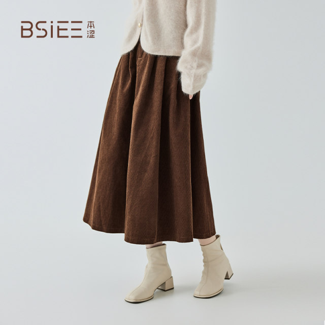 BSiEE belt corduroy skirt new year autumn and winter retro high waist slimming mid-length A-line skirt