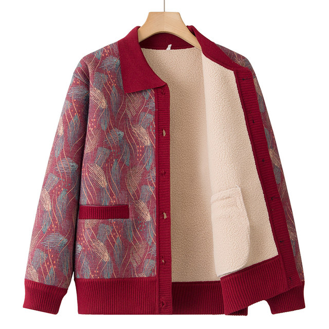 
Elderly women's sweater cardigan winter new mother's velvet warm clothes old man's coat and wife's top