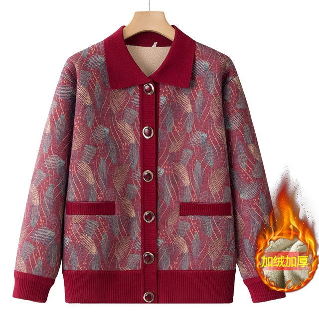 
Elderly women's sweater cardigan winter new mother's velvet warm clothes old man's coat and wife's top