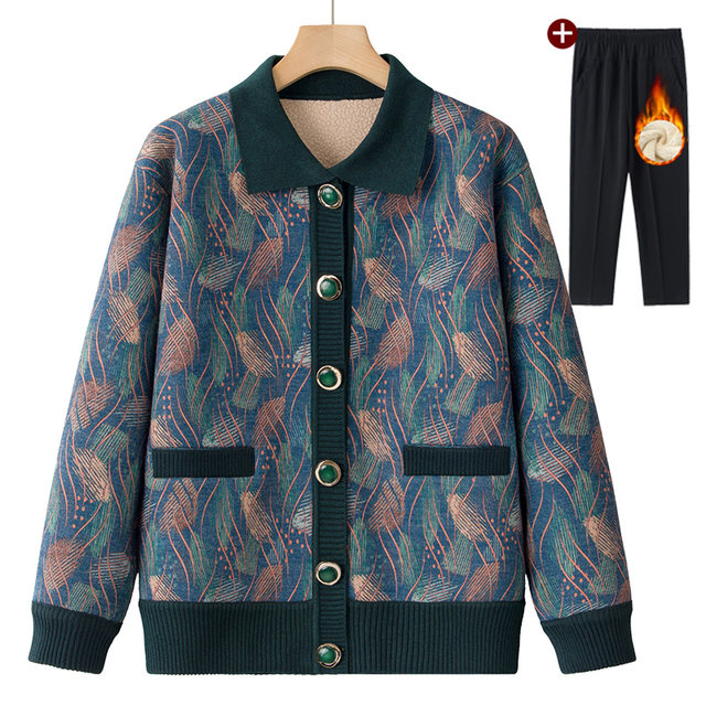 
Elderly women's sweater cardigan winter new mother's velvet warm clothes old man's coat and wife's top