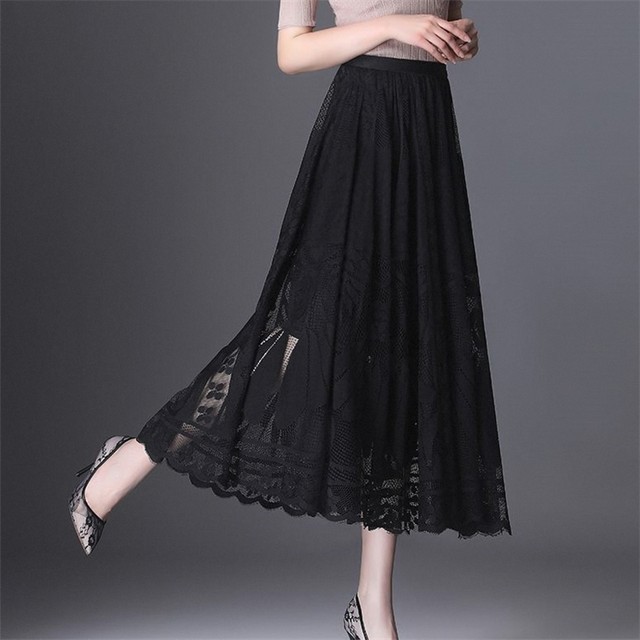 Lace skirt for women 2025 spring and autumn popular versatile A-line mid-length skirt with large mesh hollow fairy pleated skirt
