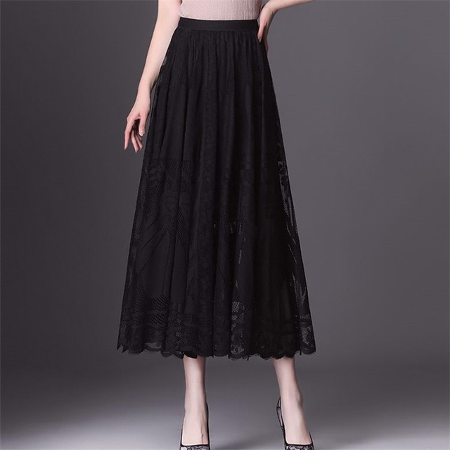 Lace skirt for women 2025 spring and autumn popular versatile A-line mid-length skirt with large mesh hollow fairy pleated skirt
