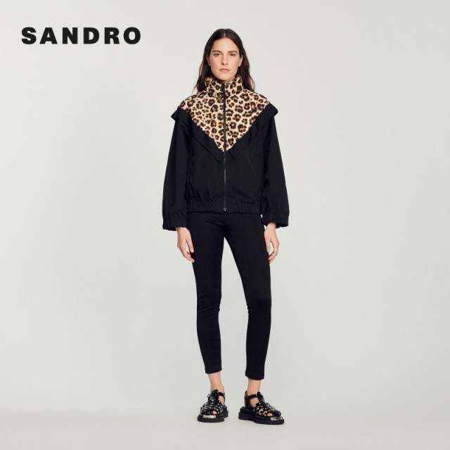 SANDRO Outlets Women's French Fashion Contrast Leopard Print Spliced ​​Zipper Jacket SFPBL00739