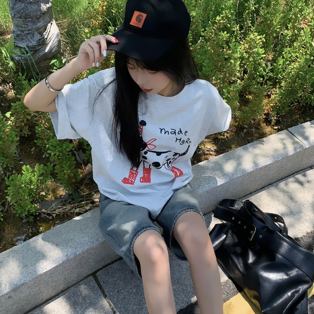 American cartoon doodle line spotted dog short-sleeved T-shirt for women in summer gray casual cotton half-sleeved couple top
