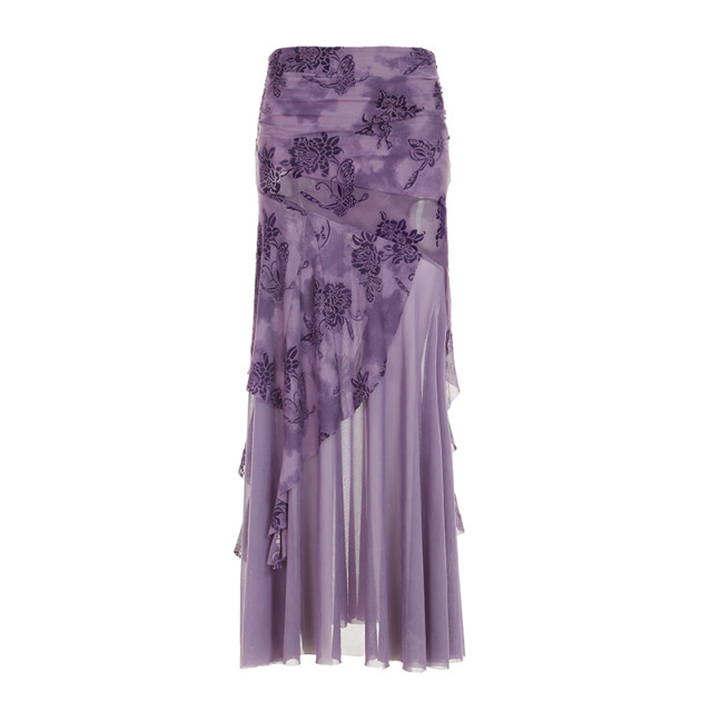 Eilove purple charm new Chinese -style printed skirt feminine slim body mesh stitching irregular fishtail skirt
