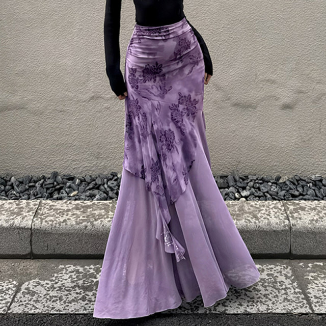 Eilove purple charm new Chinese -style printed skirt feminine slim body mesh stitching irregular fishtail skirt
