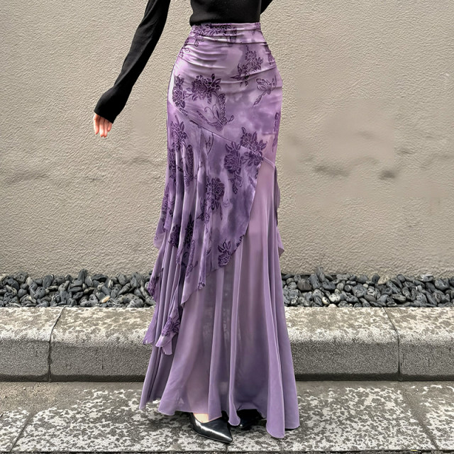 Eilove purple charm new Chinese -style printed skirt feminine slim body mesh stitching irregular fishtail skirt
